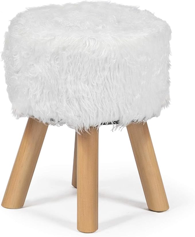 Asense Small Round Ottoman Foot Rest Stool Faux Fur Padded Seat Footstool Ottoman with Non-Skid Wooden Legs (White,Long Leg Version,Faux Fur)
