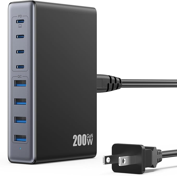 LanLuk 200W GaN IV 8-Port Charging Station with 65W USB-C PD Output and QC4.0, Compatible with MacBooks, Dell laptops, iPhones, iPads, and Steam Deck.
