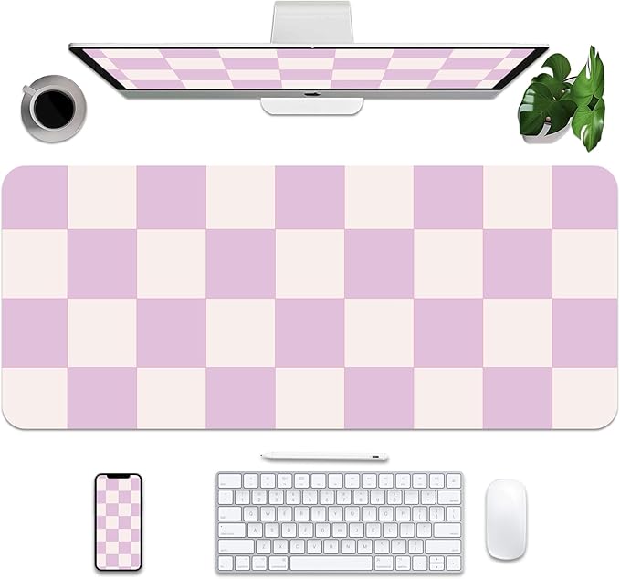 Large Checkered Desk Mat 35.4" x 15.7", PU Leather Mouse Pad Protector, Non-Slip Office Desk Pad, Waterproof Writing Pad for Office and Home (35.4in*15.7in, Purple Plaid)