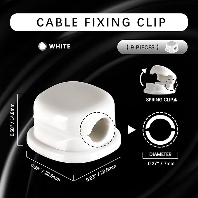 Desk Cord Holder, 9PACK Cord Organizer Clips, Spring-Loaded Cable Management for Nightstand, Car & Office – Premium Adhesive, Easy Access, No Damage, Phone Charger Wire & More, White