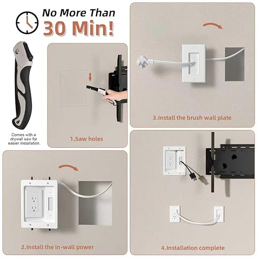 in Wall Cable Management Kit with Brush Wall Plate TV Wire Hider for Wall 2AC Recessed Outlet Box 9.8ft Cord for TV Gaming Consoles Soundbars Home Theater Setups (AC kit)