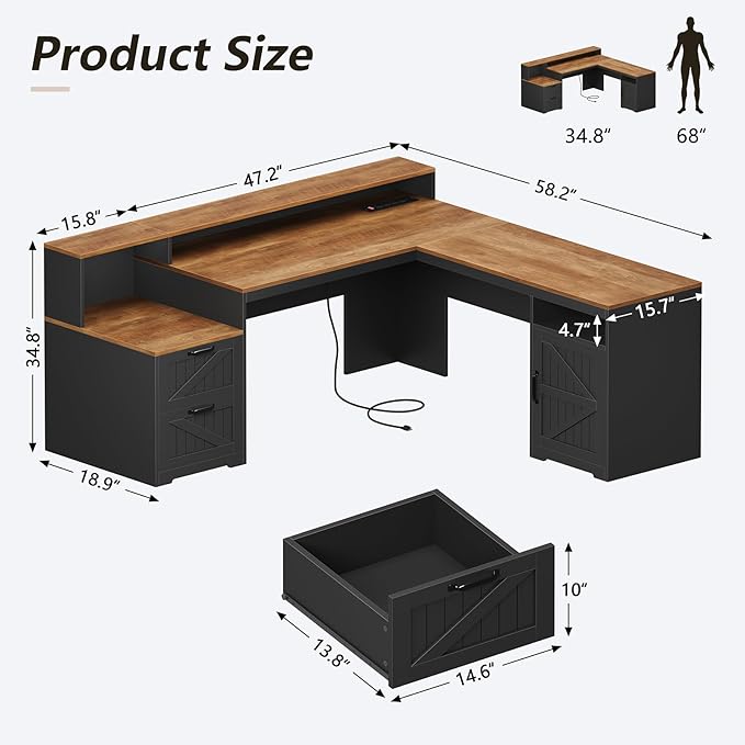 YOMILUVE 63" Farmhouse L Shaped Executive Desk with Drawers & Storage Shelf, Corner Computer Desk with Power Outlets, L Shaped Office Desk with Monitor Stand, Printer Shelf, Brown and Black