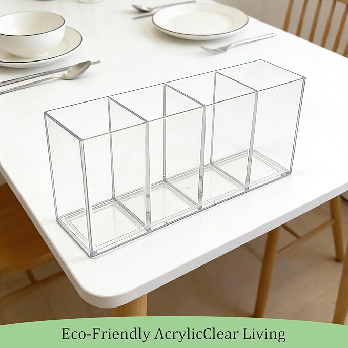 Clear 4-Compartment Organizer Box, 9.4" 3.6" 2.9" Multi-Purpose Desktop Caddy for Pens, Makeup Brushes, Office Supplies, Bathroom Countertop Storage