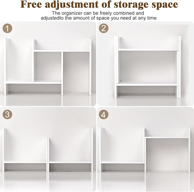 Desk Shelves Wood Desktop Orgnizer Shelf. Office Organization for Top of Desk Organizers and Accessories Bookshelf Shelving,Adjustable Tier H-Shape Mini Bookcase(White)
