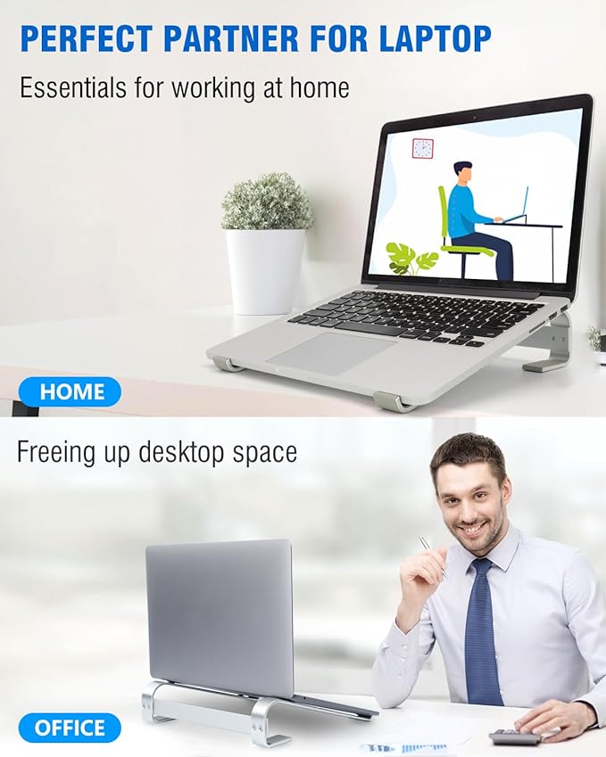 Ventilated Laptop Stand for Desk, Ergonomic Aluminum Laptop Riser, Computer Stand for Laptop, Compatible with MacBook Air Pro, Dell, HP, More 11-17.3 Inches Notebook, Work from Home (Silver)