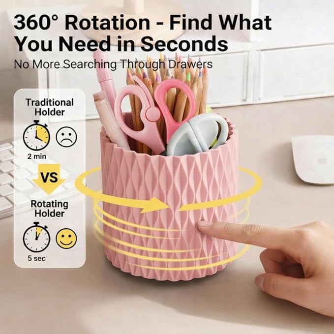 Pink Pen Holder for Desk, 360° Rotating Pencil Holder with 5 Slots - Spinning Desk Organizer & Pencil Cup for Art Supply, Office Pen Organizer for Home, School, Desk Accessories