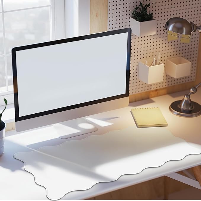 Hahafelt Scalloped Desk Mat Large Desk Pad Cute Coquette Table Mat Aesthetic Preppy Table Make up Pad Nonslip 2026 Graduation Gift with Stitching Waterproof Gaming(White,23.6 x 13.8 Inches)
