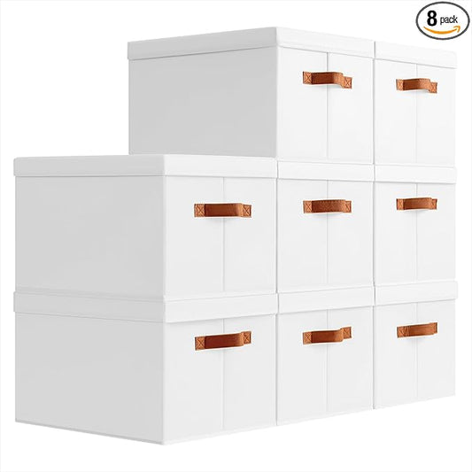Homsorout Storage Bins with Lids - Large Fabric Closet Bins with Lid, 8 Pack Clothes Organizers and Storage, Collapsible Stackable Cube Basket for Home, Office, Dorm, White