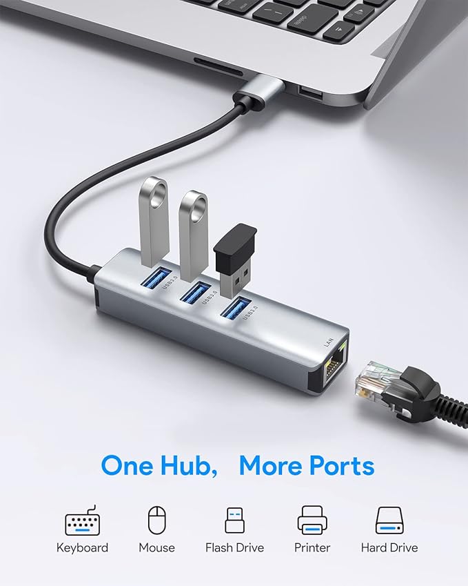 USB 3.0 to Ethernet Adapter,ABLEWE 3-Port USB 3.0 Hub with RJ45 10/100/1000 Gigabit Ethernet Adapter Support Windows 10,8.1,Mac OS, Surface Pro,Linux,Chromebook and More