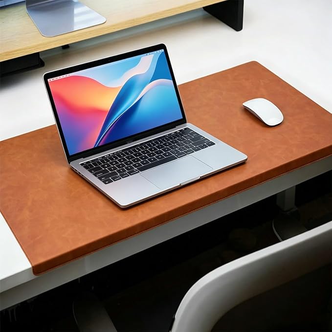 Leather Edge-Locked Desk Pad with Edge Protector, Non-Slip Large Office Computer Mouse Mat, Waterproof Desk Blotter Table Protective Pad for Writing Work (Brown,23.6"x11.8")
