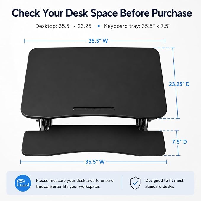 Mount-It! 35.5" Standing Desk Converter with Keyboard Tray – Adjustable Sit Stand Desk Riser for Dual Monitors – Dual Gas Spring Height Adjustable Desktop Workstation Topper – Black