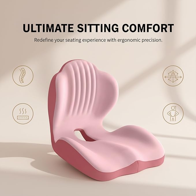 SakerPlus Seat Cushion Chair Cushions Ergonomic Memory Foam Seat Cushion, L-Shaped Office Chair Cushion & Car Seat Cushion for Long Sitting, Lower Back Support Pillow for Office, Home, Driving (Pink)