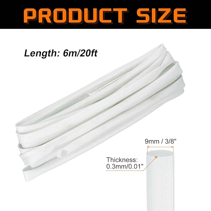 MECCANIXITY 20ft Braided Cable Sleeve, 3/8" ID 200C Heat Resistant 1500V Fiberglass Wire Insulation Cord Protector Organizer Wires Management for Motor Engine Fuel Line, White