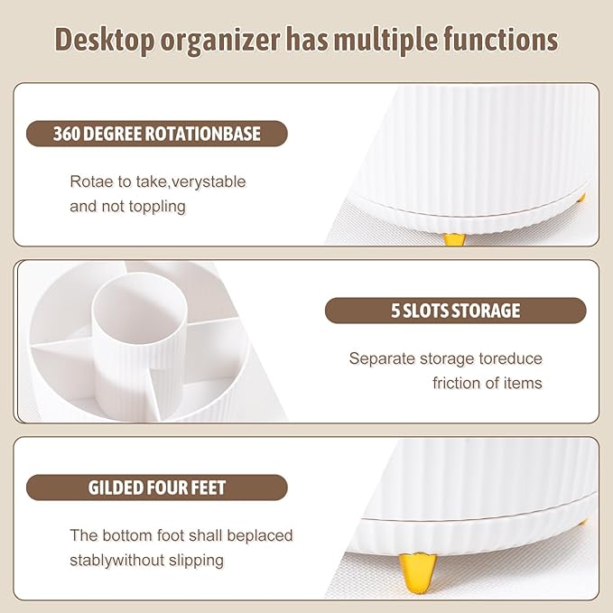 White Desk Accessories 12Pcs Set, Cute Office Supplies Decor for Women, 360° Rotating Pen Holder Organizer with Stapler, Tape Dispenser, Staple Remover, Staples, Tape, Clips Set, Ruler, Scissor, Pen