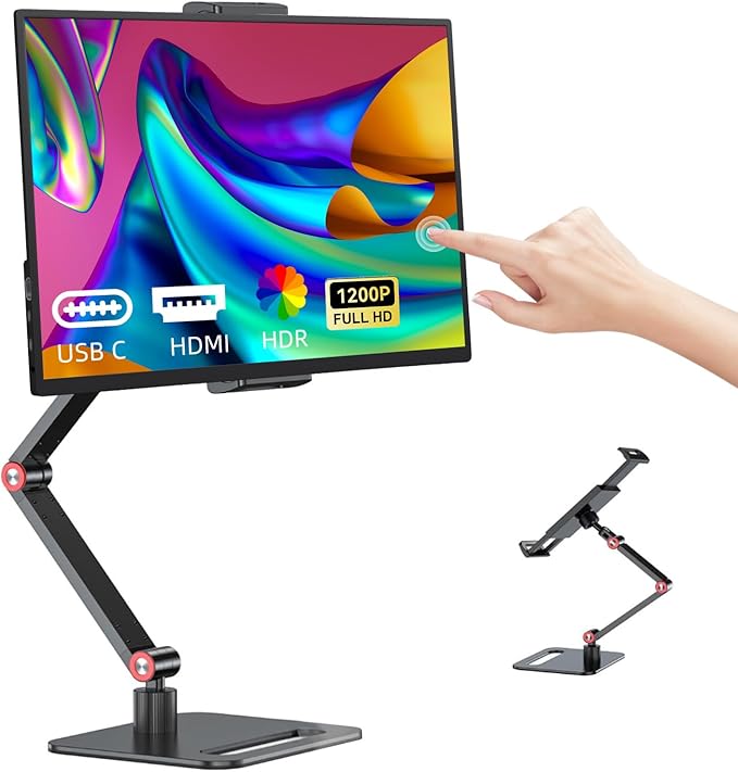 Touchscreen Portable Monitor, 14 Inch 1200P Ultra-Slim Lightweight Bezel Less HDR FHD IPS Touchscreen Display, Travel Monitor with Stand and Speakers, HDMI USB-C External Screen for Laptops and PC