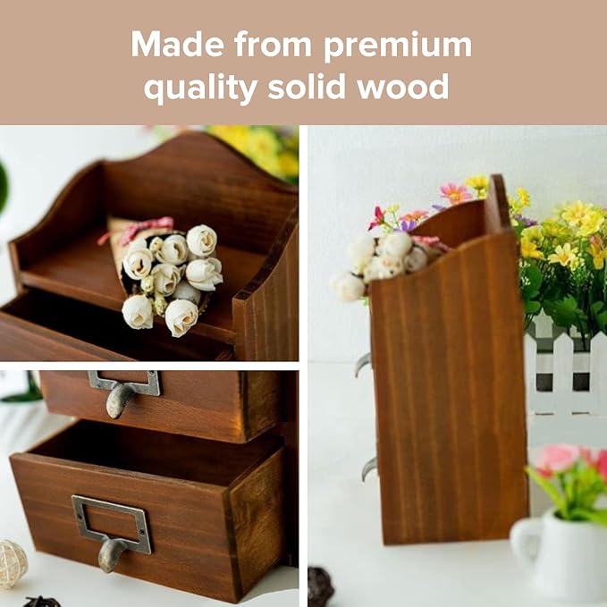 Mini Vintage 2 Drawer Desktop Organizer - Rustic Card Catalog with Label Holders - Small Chest for Organization - Library Box - Wood Table Cabinet Top Vertical Storage Bin