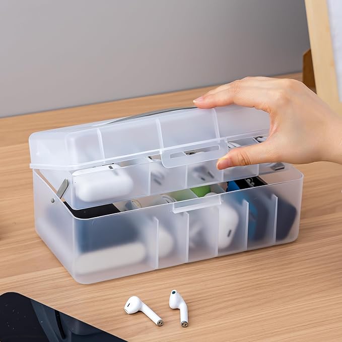 Vidifor Large Cable Organizer Box with 20 Cable Ties, Portable Cord, Charger and Bandages Storage for Drawer, Desk, Office & Home (White)