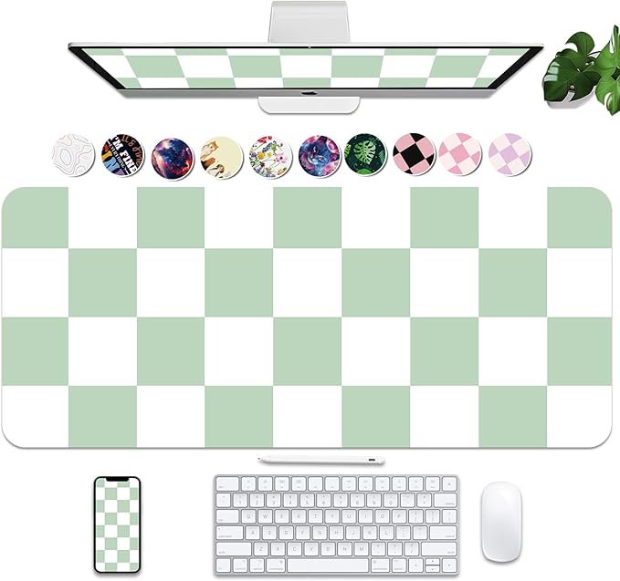 Large Checkered Desk Mat 35.4" x 15.7", PU Leather Mouse Pad Protector, Deskmat for Desk, Non-Slip Green Desk Mat, Waterproof Writing Pad for Office and Home (35.4in*15.7in, Green Plaid)