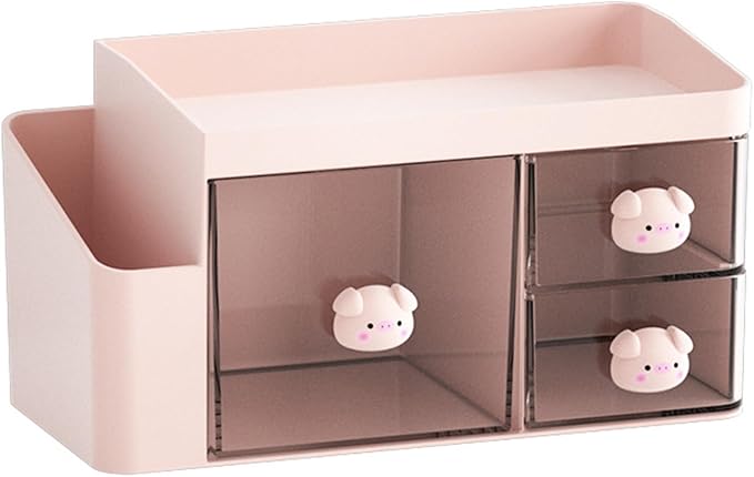 SAYEEC Desk Organizer with 3 Drawers Multi-Functional Makeup Organizer with 5 Compartments Plastic Pencil Pen Holder Desktop Storage Box Desk Accessories Caddy for Vanity Office Home Art Supplies Pink