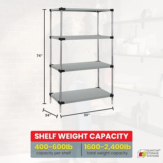 Quantum Storage Systems WRS4-74-2430SS Starter Kit Solid Shelves Stainless Steel 4 Shelves 74" H x 30" W x 24" D