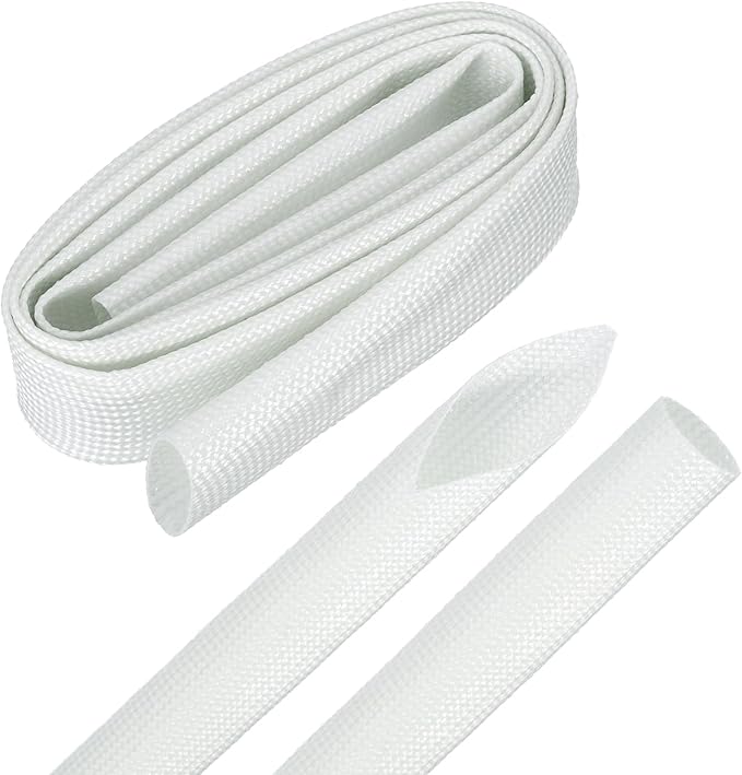 MECCANIXITY 3ft Braided Cable Sleeve, 0.7" ID 200C Heat Resistant 1500V Fiberglass Wire Insulation Cord Protector Organizer Wires Management for Motor Engine Fuel Line, White