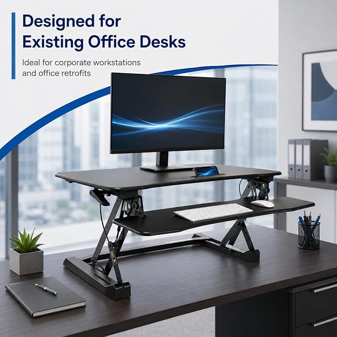 Mount-It! 35.5" Standing Desk Converter with Keyboard Tray – Adjustable Sit Stand Desk Riser for Dual Monitors – Dual Gas Spring Height Adjustable Desktop Workstation Topper – Black