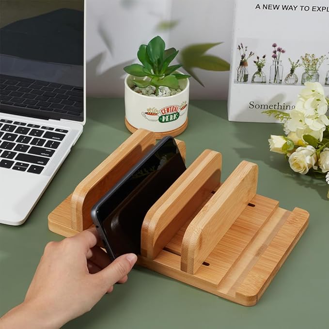 BENECREAT 9.8x6.3x2.5 Inch Vertical Laptop Stand, Wooden Desk Stand with Wide Compatibility & DIY Assembly Kit, Adjustable Dock Laptop Holder for Pad, Phone, Tablet