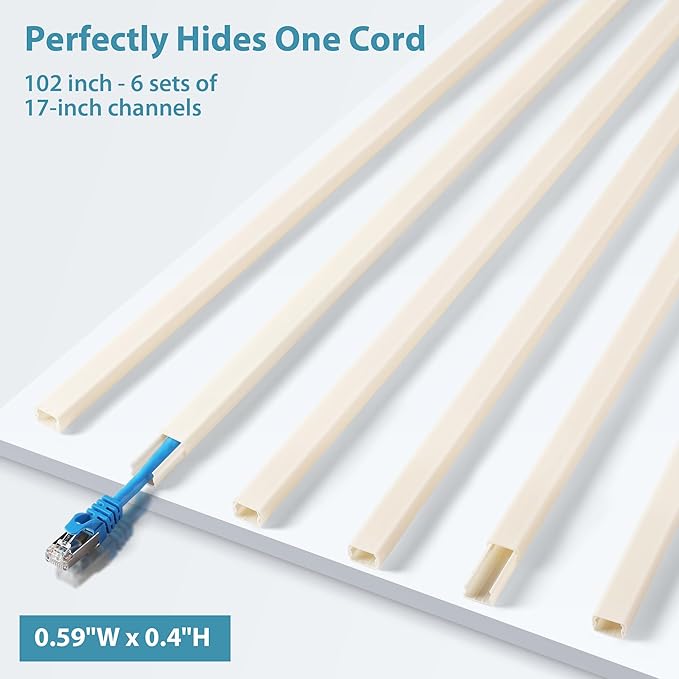 Cord Hider for One Wire, 102in Cable Hider Concealer, Paintable Wall Wire Covers, PVC Cable Management Raceway for A Thick Extension Cord, W0.59 H0.4in, Beige