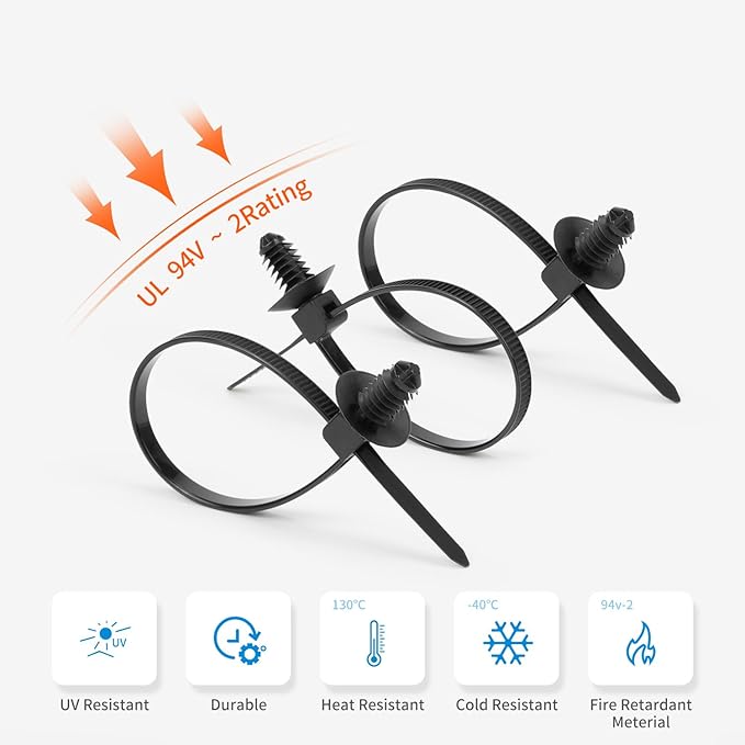 Armpow 110 PCS Automotive Installation Black Push Mount Cable Zip Ties Assorted Sizes, Heavy Duty Self-Locking UV Resistant Wire Ties - For Indoor Wire Bundling, Construction, Automotive