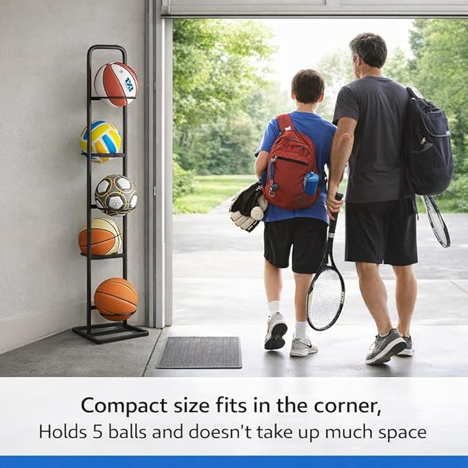 Vertical Ball Rack -basketball rack- Durable Carbon Steel Storage for Basketball, Soccer, Volleyball, and More - Easy to Assemble, Waterproof, Sturdy - 56.7" H