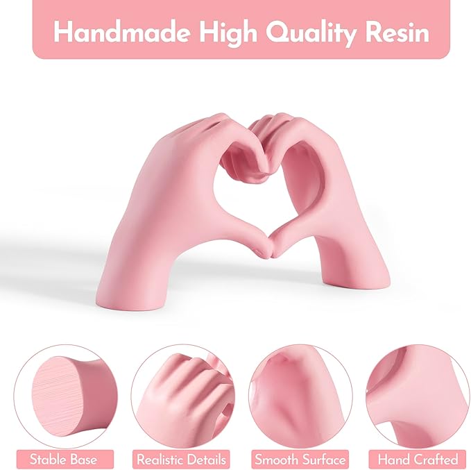 Pink Decor Living Room – Mini Small Heart Hands Sculpture – Shelf Decor Aesthetic – Cute Home Accent Table & Shelves – Love Statue - Gifts Girlfriend, Wife, Women, Teen Girls, Valentine (Pink, Mini)