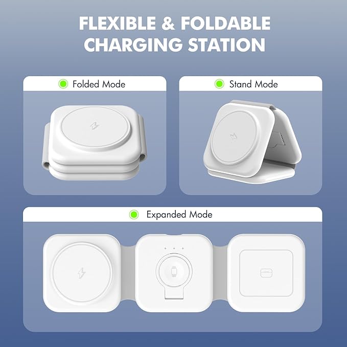 15W Travel Charging Station for Apple Multiple Devices, 3 in 1 Foldable Magnetic Wireless Charger-Qi2 Fast Charging Pad for iPhone Air 17 16 15 14 13 12 Pro Max, Watch & Airpods-Slim, Portable, White