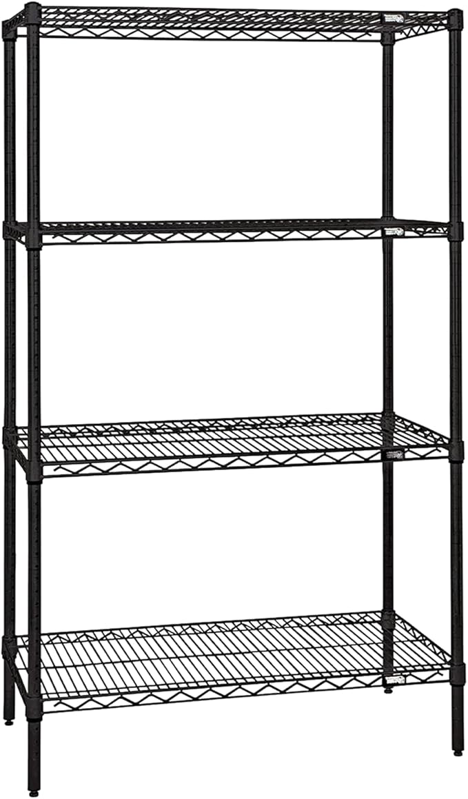 Quantum Storage Systems WR63-3636BK Wire Shelving Starter Kit, 36" W x 36" D x 63" H, 600 lbs Capacity, Carbon Steel, Epoxy Coated, Black, NSF