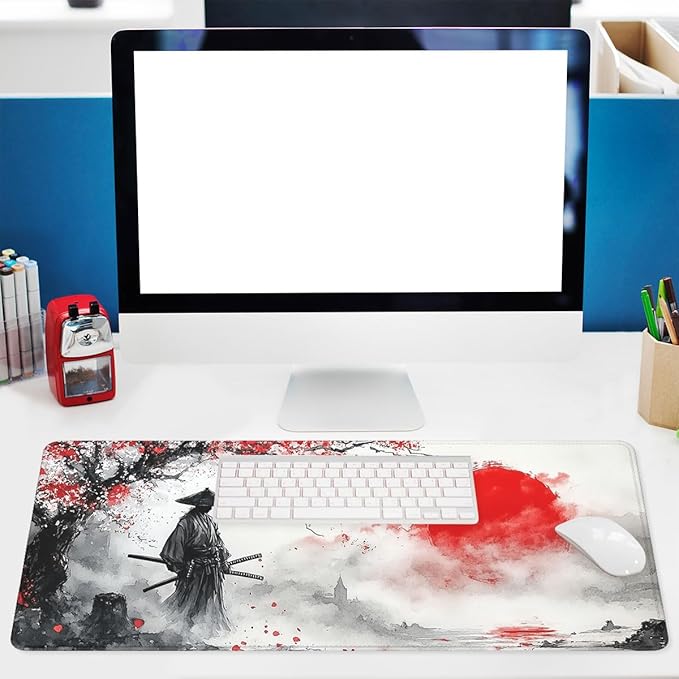 Japanese Samurai Mouse Pad Red Sun Landscape Mousepad XL Large Gaming Mouse Pad Laptop Keyboard Mat Desk Pad Office Computer Keyboard Laptop 31.5"x11.8"