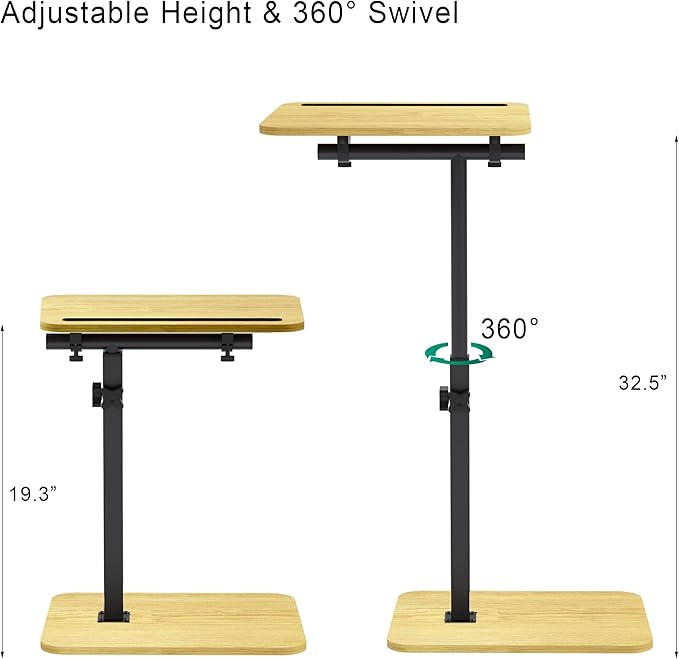 TV Tray Side Table for Sofa - 360° Swivel Adjustable Height Rotating Couch Table C Table End Table Laptop Desk with Phone & Tablet Slot, Perfect for Eating Working Reading, Fits Small Spaces