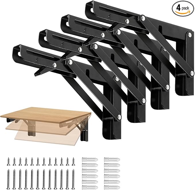 Folding Shelf Brackets 14 inch Foldable Shelf Bracket Heavy Duty Collapsible Shelf Brackets DIY Wall Mounted Fold Down Table Bracket Space-Saving for Benches Workstation (4PC, Max.Load 133 lbs)