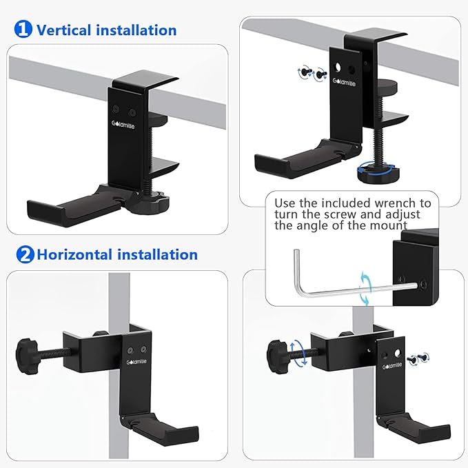 Aluminum Headphone Stand Hanger Foldable with Cable Clip Headset Holder Clamp Hook Under Desk, Save Your Space While Working & Gaming