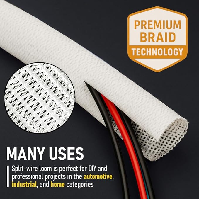 MGI SpeedWare Braided Split-Sleeve White Wire Loom for High-Temperature Automotive Harness and Home Cable Management 25 feet (1/2")