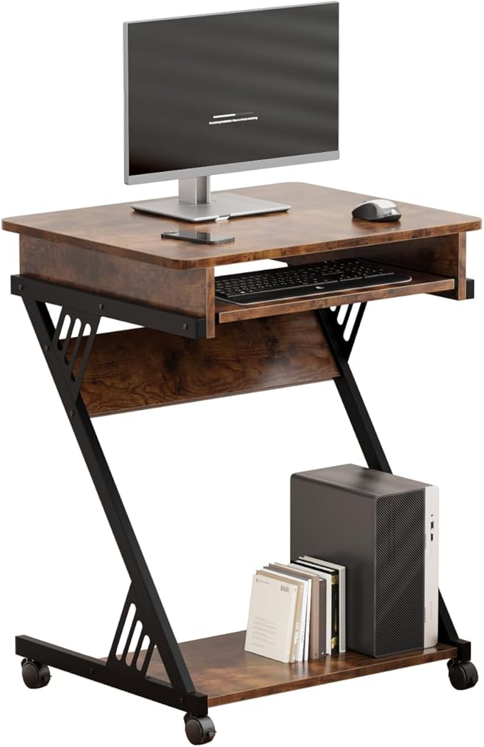ALISENED 2 Tier Computer Desk with Keyboard Tray, 23.6" Home Office Desk Computer Workstation Rolling Study PC Laptop Table for Small Spaces,Z-Shaped Small Compact Study Table