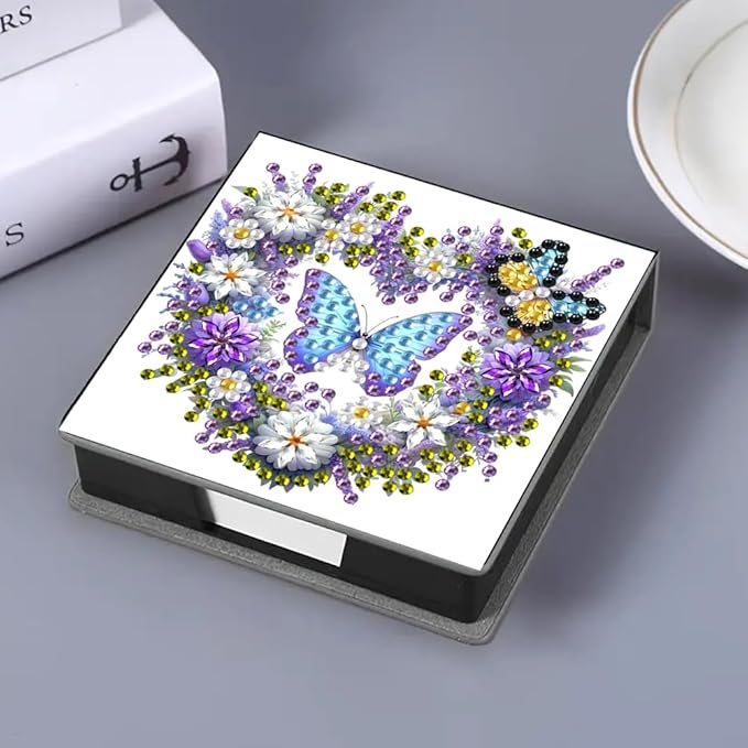 Diamond Painting Kits Sticky Note Holder, DIY Diamond Art Accessories Memo Pad Box for Desk, Mosaic Craft Kits for Adults Beginners, Cute Office Decor Gifts Women(Heart Butterfly A)