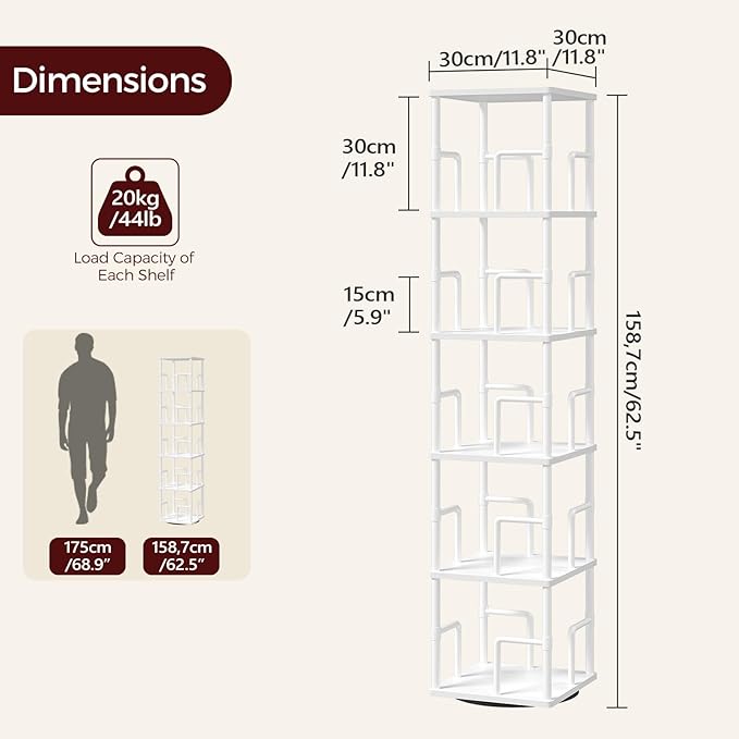 MAHANCRIS 5-Tier Rotating Bookshelf, Freestanding Corner Bookshelf, 360° Spinning Bookcase, Industrial Style Storage Rack with Rails, for Living Room, Bedroom, Study, White BKWT1601