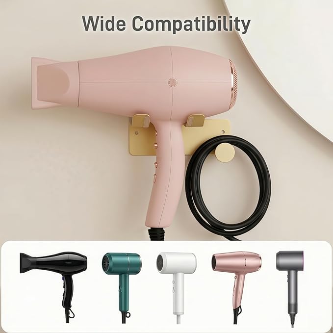 Hair Dryer Holder, Blow Dryer Holder with Cord Hook SUS304 Stainless Steel Wall Mount, Self Adhesive/Screw Space Saving Hairdryer Holder for Bathroom Gold