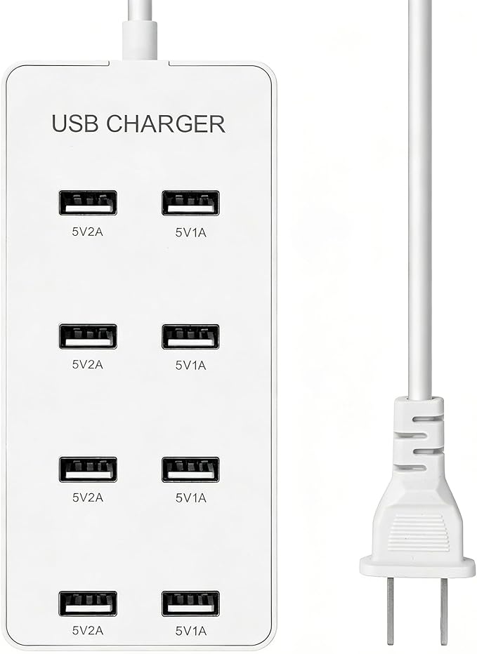 USB Wall Charger USB Charging Station for Multiple Devices 8-Ports Charging Hub Strip Smart Charger Block Compatible with iPhone, Galaxy, iPad Tablet, and Other Devices（White）