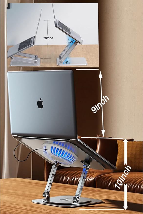 Laptop Stand Fan with 360 Rotating Swival Base, 10inch Riser Height Adjustable for Typing/Viewing/Presentation,Metal Ergonomic Strong Holder,for Heavy Notebook 12 14 15 17Inch MacBook