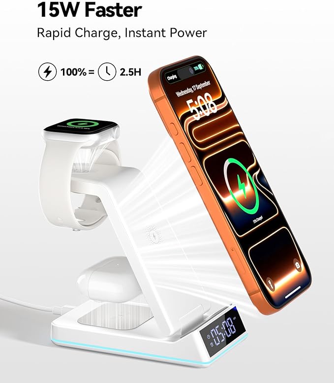 2026 Upgraded Wireless Charging Station, 7 in 1 Wireless Charger Station Foldable Charger Stand with Night Light/Alarm Clock for iPhone 17 16 15 14 13 12 Pro Max Plus, Apple Watch, AirPods 4/3/2/Pro