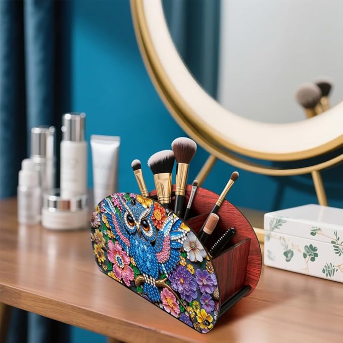 POETRYDRAW DIY Owl Diamond Art Painting Wooden Storage Box – Multi-Grid Moon Fan Makeup Brush Organizer, Double-Sided Drill Tabletop Holder for Women, Office & Home Decoration