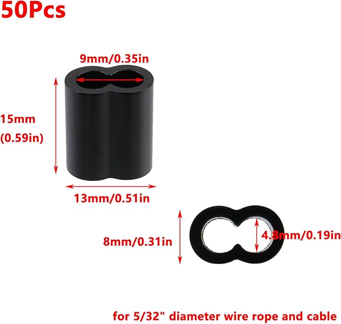 Antrader Aluminum Crimping Loop Sleeve,5/32" Cable Crimps Wire Ferrules for Crimping Wire Rope Cable,50Pcs,Black (M4)