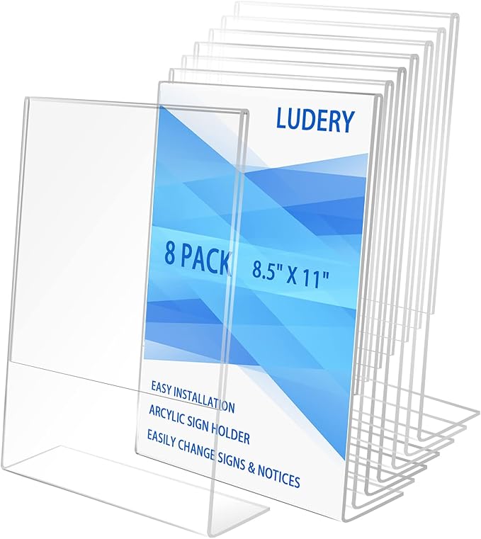 8.5x11 Inches Acrylic Sign Slant Back Holder, Plastic Display Stand,Brochure Holder, Table Top Sign Holder For Office, Home, Store, Restaurant (8pack)