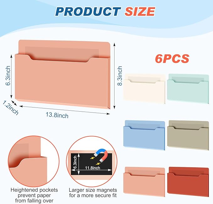 Fuutreo 6 Pcs Magnetic Wall File Organizer Magnetic Wall File Holder Refrigerator Magazine Holder for Mail Letters Paper(Vintage Boho,Horizontal-large)