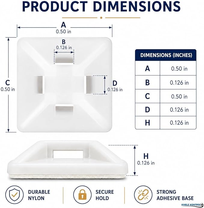 Kable Kontrol Zip Tie Mounts, 1/2” Sq, Natural White, 100 Pcs, Adhesive Backed Multi-Purpose Mounting Squares Nylon Cable Tie Wrap Anchor Pads for Cable Management